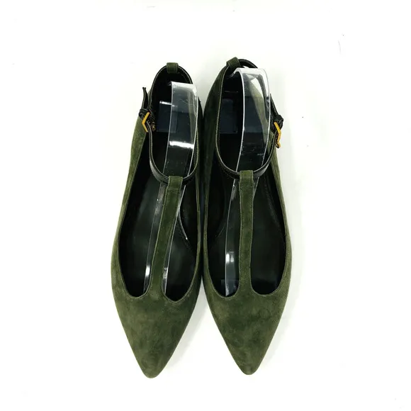 Tory Burch Pointed Toe Flats Size 9.5 Ashton Green T Strap Gold Charm Logo