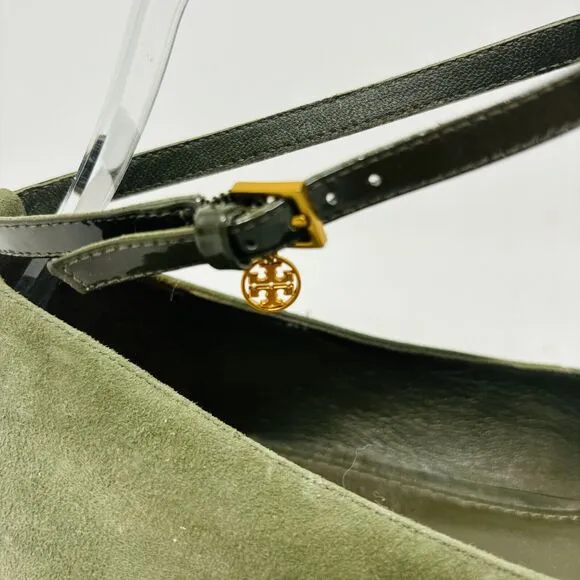 Tory Burch Pointed Toe Flats Size 9.5 Ashton Green T Strap Gold Charm Logo