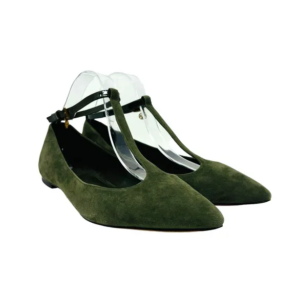 Tory Burch Pointed Toe Flats Size 9.5 Ashton Green T Strap Gold Charm Logo