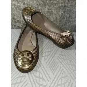 Tory Burch Reva Golden Snakeskin Logo Medallion Ballet Flats Size 6M  NWOB