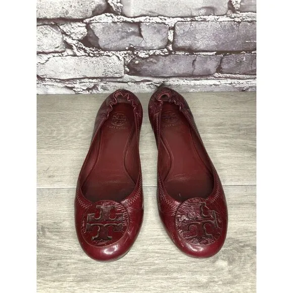 Tory Burch Reva Logo Dark Red Patent Leather Ballet Flats Women Sz 8.5M US/39EU