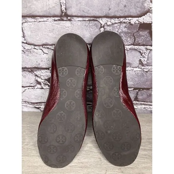 Tory Burch Reva Logo Dark Red Patent Leather Ballet Flats Women Sz 8.5M US/39EU