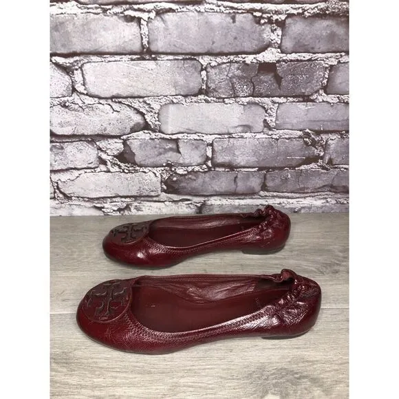 Tory Burch Reva Logo Dark Red Patent Leather Ballet Flats Women Sz 8.5M US/39EU