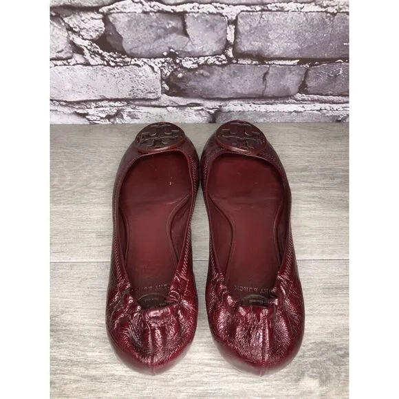 Tory Burch Reva Logo Dark Red Patent Leather Ballet Flats Women Sz 8.5M US/39EU