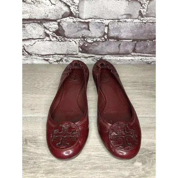 Tory Burch Reva Logo Dark Red Patent Leather Ballet Flats Women Sz 8.5M US/39EU