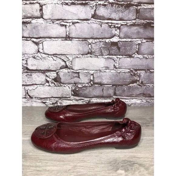 Tory Burch Reva Logo Dark Red Patent Leather Ballet Flats Women Sz 8.5M US/39EU