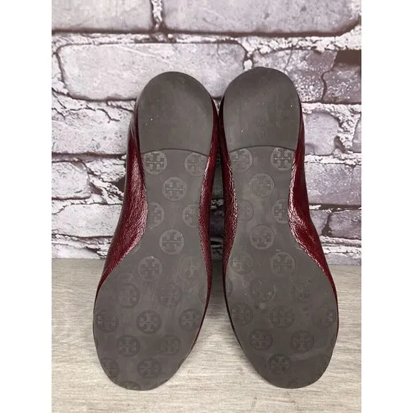 Tory Burch Reva Logo Dark Red Patent Leather Ballet Flats Women Sz 8.5M US/39EU
