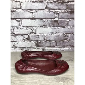 Tory Burch Reva Logo Dark Red Patent Leather Ballet Flats Women Sz 8.5M US/39EU