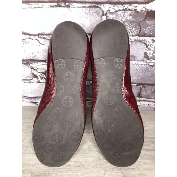 Tory Burch Reva Logo Dark Red Patent Leather Ballet Flats Women Sz 8.5M US/39EU
