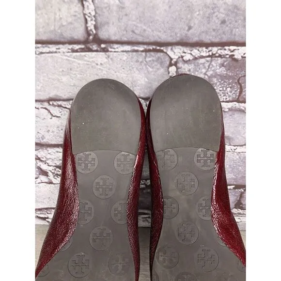 Tory Burch Reva Logo Dark Red Patent Leather Ballet Flats Women Sz 8.5M US/39EU