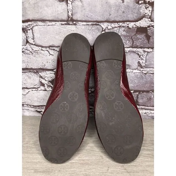 Tory Burch Reva Logo Dark Red Patent Leather Ballet Flats Women Sz 8.5M US/39EU