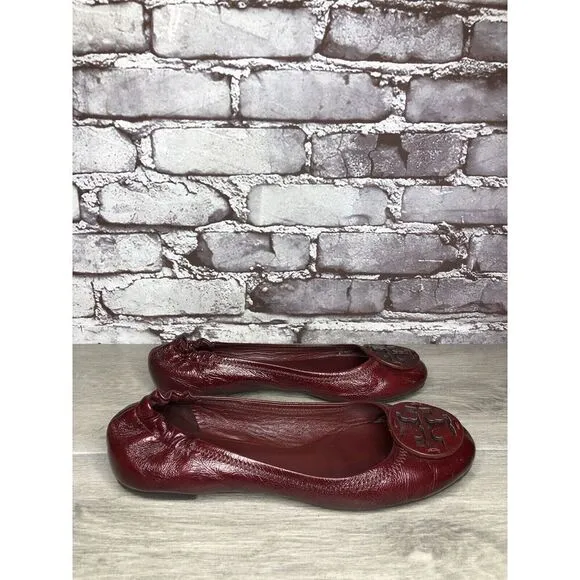 Tory Burch Reva Logo Dark Red Patent Leather Ballet Flats Women Sz 8.5M US/39EU