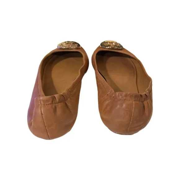 Tory Burch Royal Tan Nappa Leather Reva Travel Ballet Flats