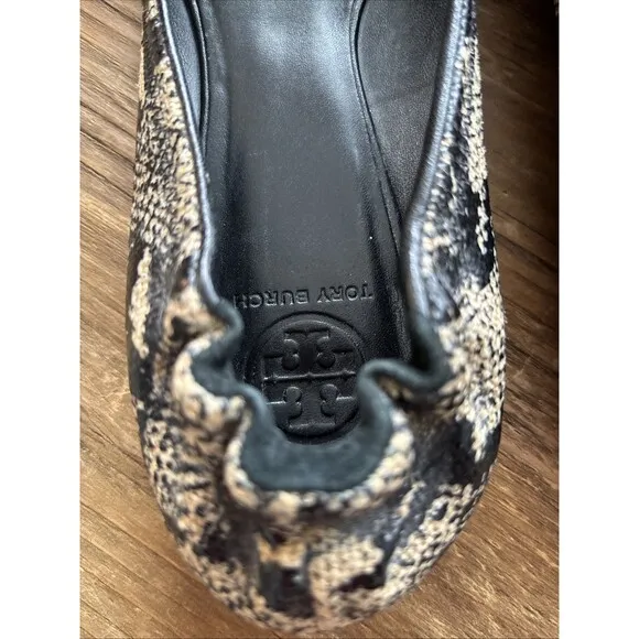 Tory Burch Snakeskin Roccia gold logo ballet pumps classic Designer SoHo EUC S11