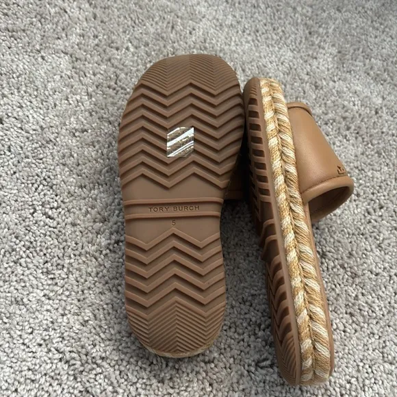 Tory Burch T Logo  Espadrille Slide Sandals FlatPlatform Leather