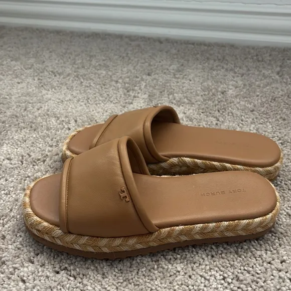 Tory Burch T Logo  Espadrille Slide Sandals FlatPlatform Leather