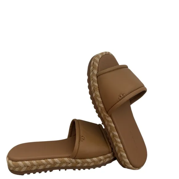 Tory Burch T Logo  Espadrille Slide Sandals FlatPlatform Leather