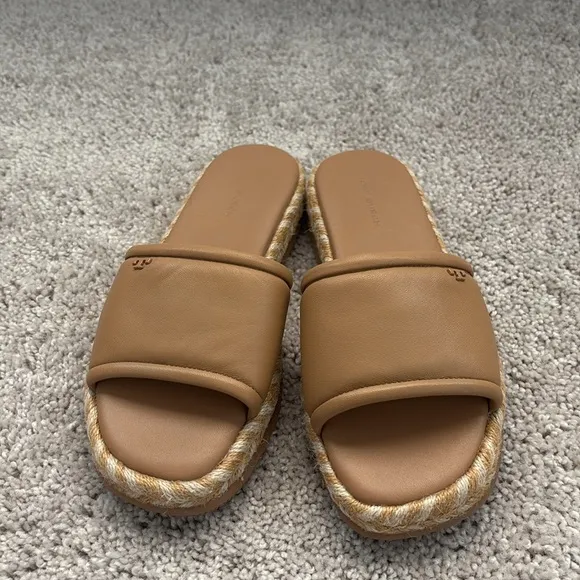 Tory Burch T Logo  Espadrille Slide Sandals FlatPlatform Leather
