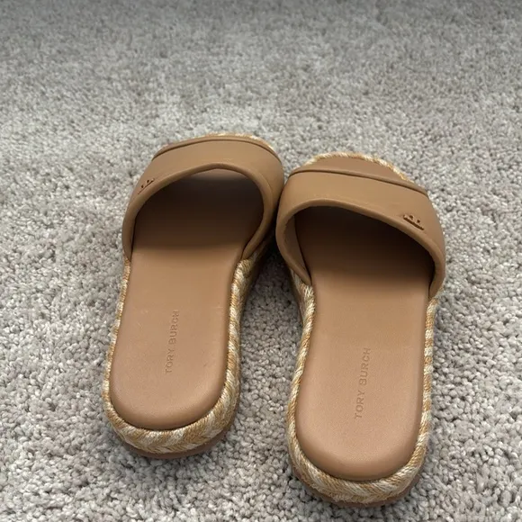 Tory Burch T Logo  Espadrille Slide Sandals FlatPlatform Leather