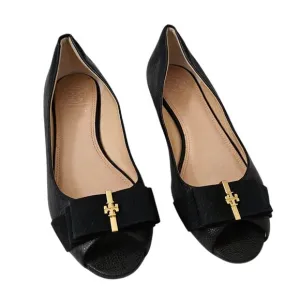 Tory Burch Trudy Flats 7 Black Patent Leather Open Peep Toe With Gold Detail