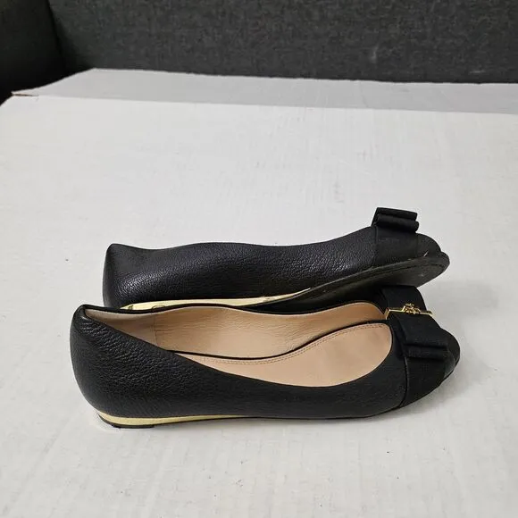 Tory Burch Trudy Flats 7 Black Patent Leather Open Peep Toe With Gold Detail