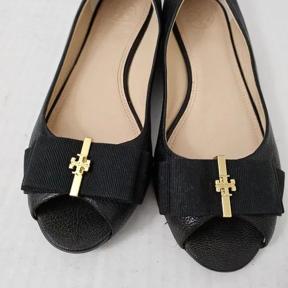 Tory Burch Trudy Flats 7 Black Patent Leather Open Peep Toe With Gold Detail