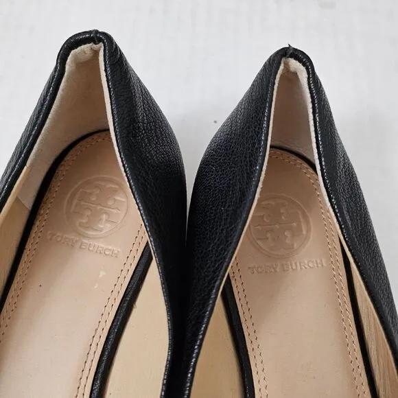 Tory Burch Trudy Flats 7 Black Patent Leather Open Peep Toe With Gold Detail