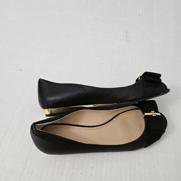 Tory Burch Trudy Flats 7 Black Patent Leather Open Peep Toe With Gold Detail