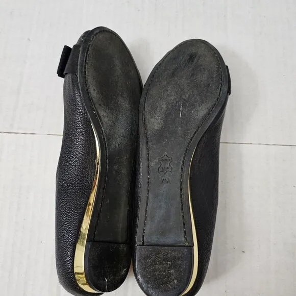 Tory Burch Trudy Flats 7 Black Patent Leather Open Peep Toe With Gold Detail