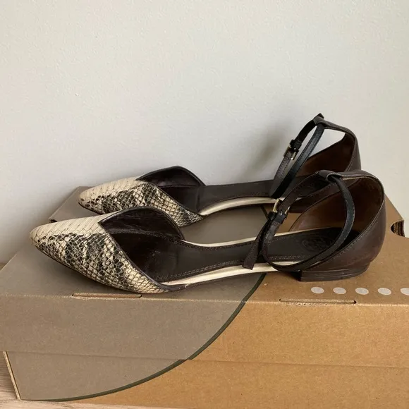 Tory Burch V-Cut Ankle Strap Python Flats Women Shoes - SZ 8