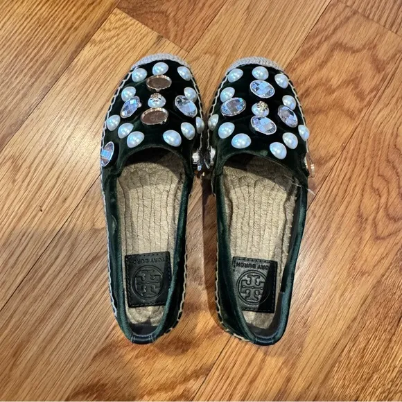 Tory Burch Vail Green Velvet Jewel Embellishment Crystal Pearl Espadrille 5
