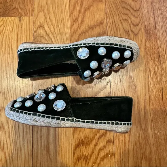 Tory Burch Vail Green Velvet Jewel Embellishment Crystal Pearl Espadrille 5