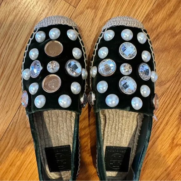 Tory Burch Vail Green Velvet Jewel Embellishment Crystal Pearl Espadrille 5