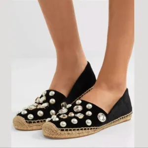 Tory Burch Vail Green Velvet Jewel Embellishment Crystal Pearl Espadrille 5