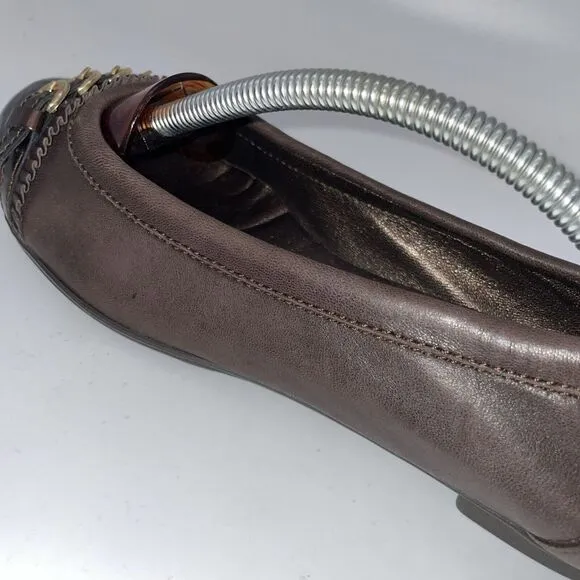 Tory Burch Women's‎ Black Cap Toe Brown Leather Ballet Flats Shoes US Size 7.5
