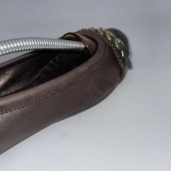 Tory Burch Women's‎ Black Cap Toe Brown Leather Ballet Flats Shoes US Size 7.5
