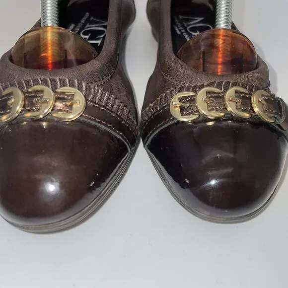 Tory Burch Women's‎ Black Cap Toe Brown Leather Ballet Flats Shoes US Size 7.5