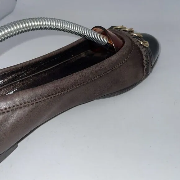 Tory Burch Women's‎ Black Cap Toe Brown Leather Ballet Flats Shoes US Size 7.5
