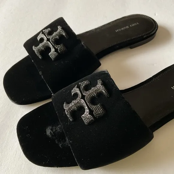 TORY BURCH WOMENS ELEANOR PAVE LOGO VELVET SLIDE SANDALS BLACK SIZE 8 EUC