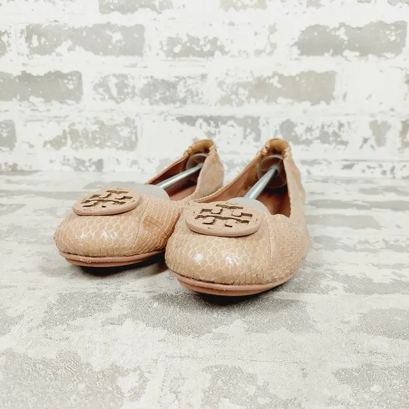 Tory Burch Women's Minnie Travel Cream Snake Embossed Ballet Flats A919