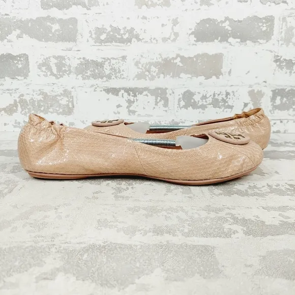 Tory Burch Women's Minnie Travel Cream Snake Embossed Ballet Flats A919