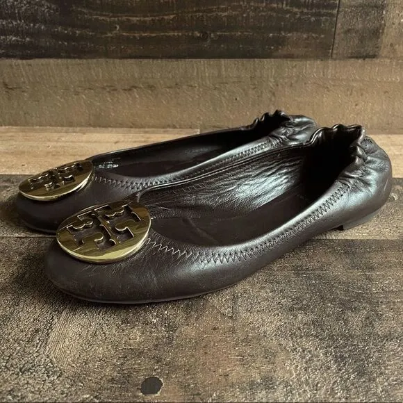 Tory Burch Mini Leather Travel Dark Brown and Gold Ballet Flats Size 5.5M