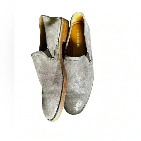 Trask Womens 6.5 Ali Gray Tan Sueded Leather Loafers Metallic Vibram Sole