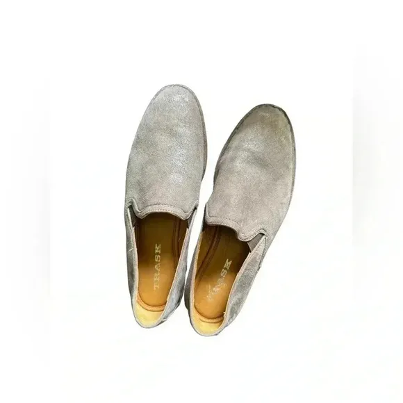 Trask Womens 6.5 Ali Gray Tan Sueded Leather Loafers Metallic Vibram Sole