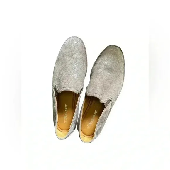 Trask Womens 6.5 Ali Gray Tan Sueded Leather Loafers Metallic Vibram Sole