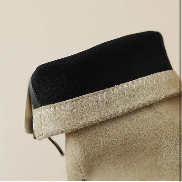Trendy Round Cap Toe Back Zipper Two Tones Low Chunky Heel Stretchy Ankle Boots