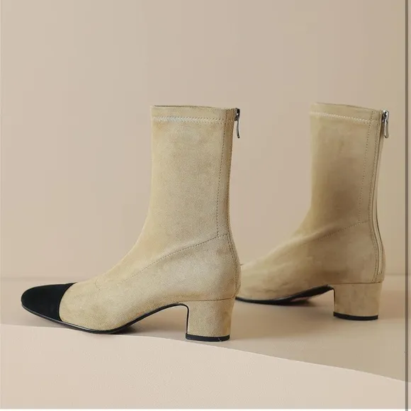 Trendy Round Cap Toe Back Zipper Two Tones Low Chunky Heel Stretchy Ankle Boots