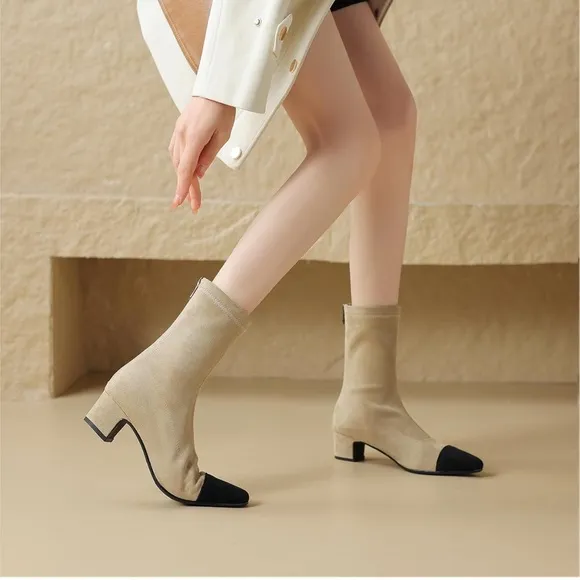 Trendy Round Cap Toe Back Zipper Two Tones Low Chunky Heel Stretchy Ankle Boots