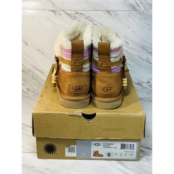 UGG Auburn Serape Chestnut Leather Water-resistant Mini Boots Size US 6 NEW