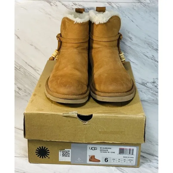 UGG Auburn Serape Chestnut Leather Water-resistant Mini Boots Size US 6 NEW